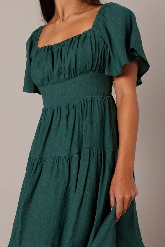 Green Fit And Flare Dress Short Sleeve