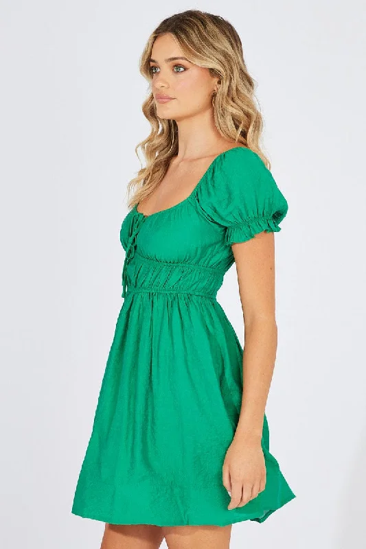 Green Fit and Flare Dress Short Sleeve Ruched