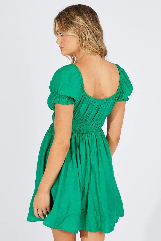 Green Fit and Flare Dress Short Sleeve Ruched