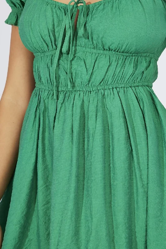 Green Fit and Flare Dress Short Sleeve Ruched