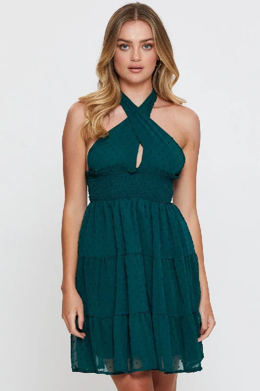 Green Fit And Flare Dress Sleeveless Halter Neck