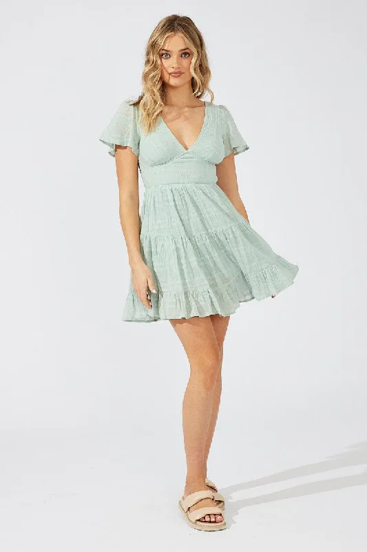 Green Fit And Flare Dress V-neck Mini