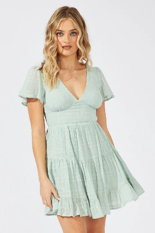 Green Fit And Flare Dress V-neck Mini