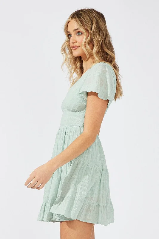 Green Fit And Flare Dress V-neck Mini