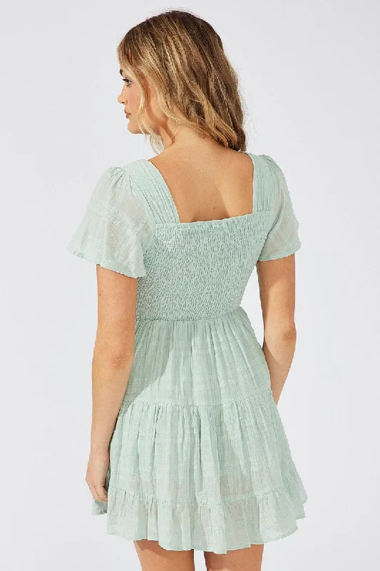 Green Fit And Flare Dress V-neck Mini