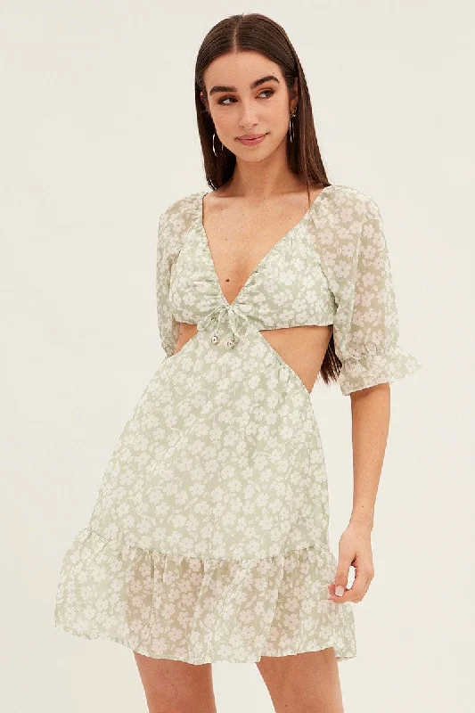 Green Floral Cutout Skater Dress