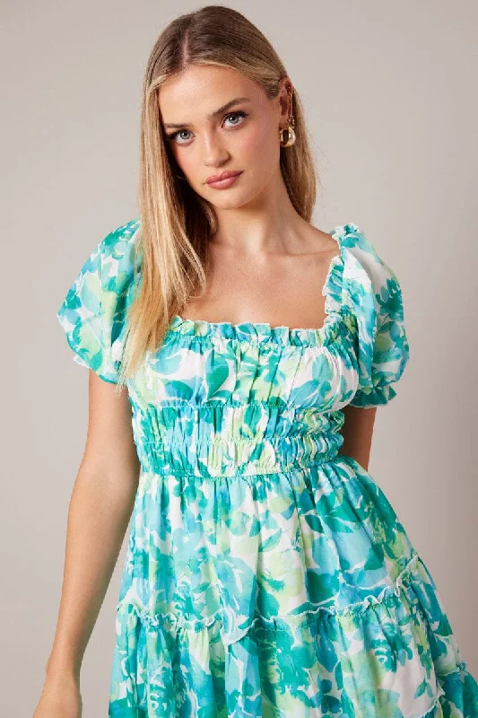 Green Floral Fit And Flare Dress Puff Sleeve