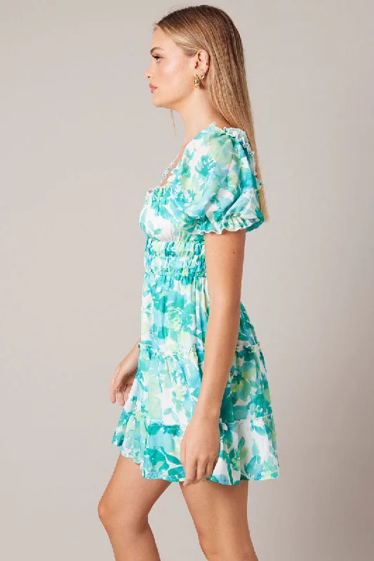 Green Floral Fit And Flare Dress Puff Sleeve