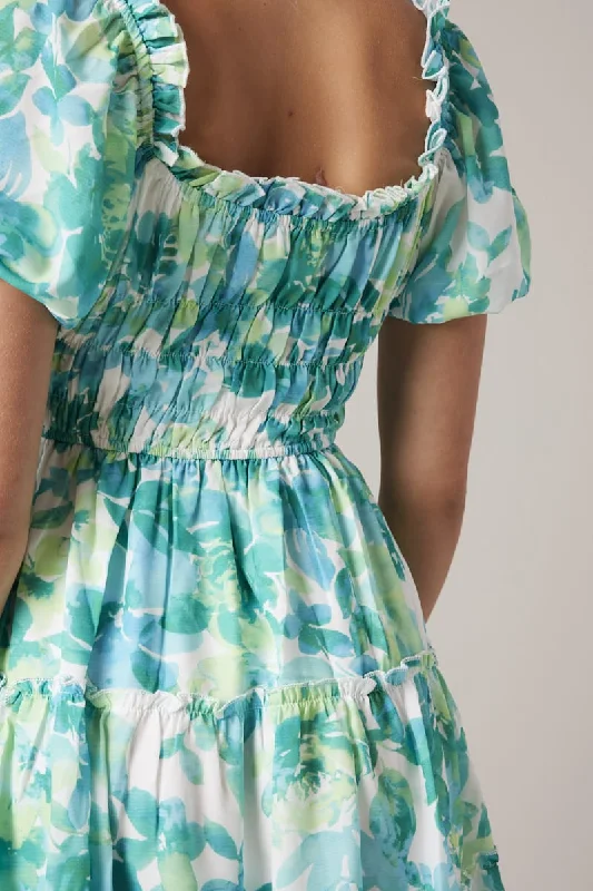 Green Floral Fit And Flare Dress Puff Sleeve