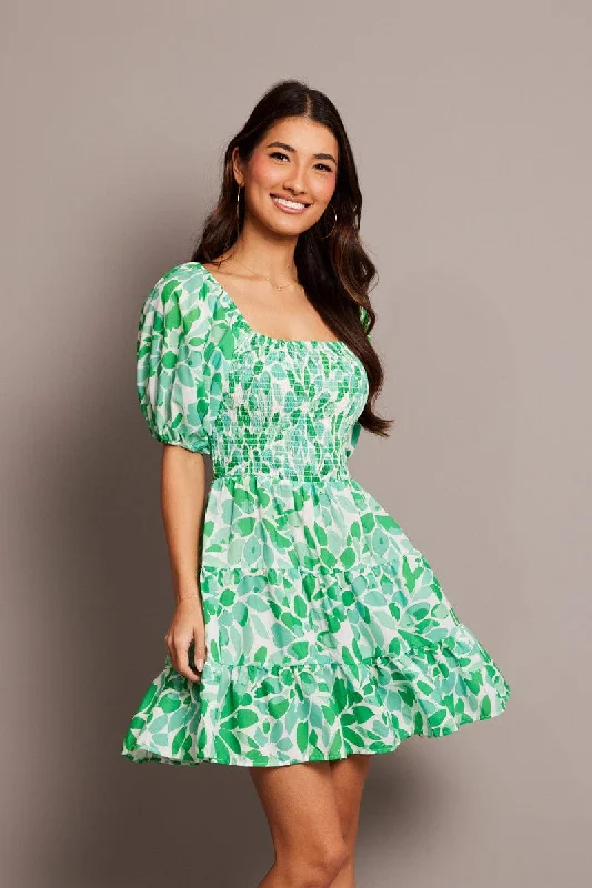 Green Floral Fit And Flare Dress Puff Sleeve