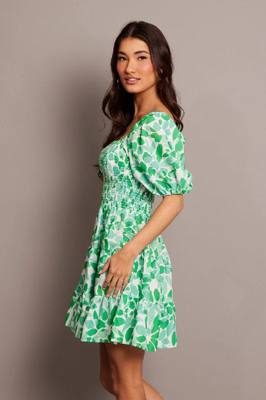 Green Floral Fit And Flare Dress Puff Sleeve