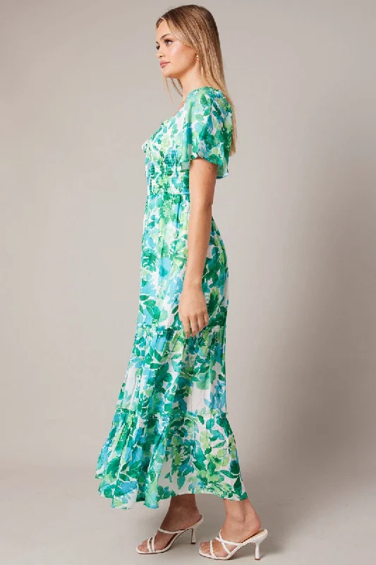 Green Floral Maxi Dress Short Sleeve Shirred