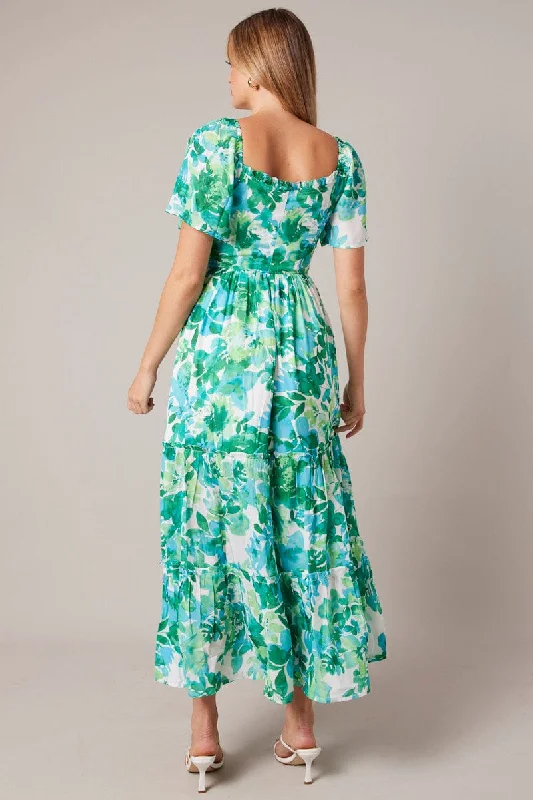 Green Floral Maxi Dress Short Sleeve Shirred