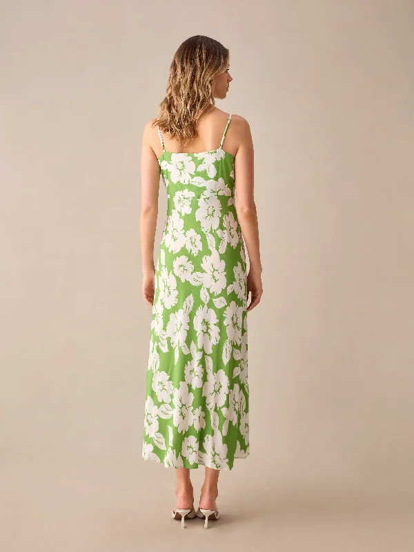 Green Floral Print Keyhole Front Midi Dress