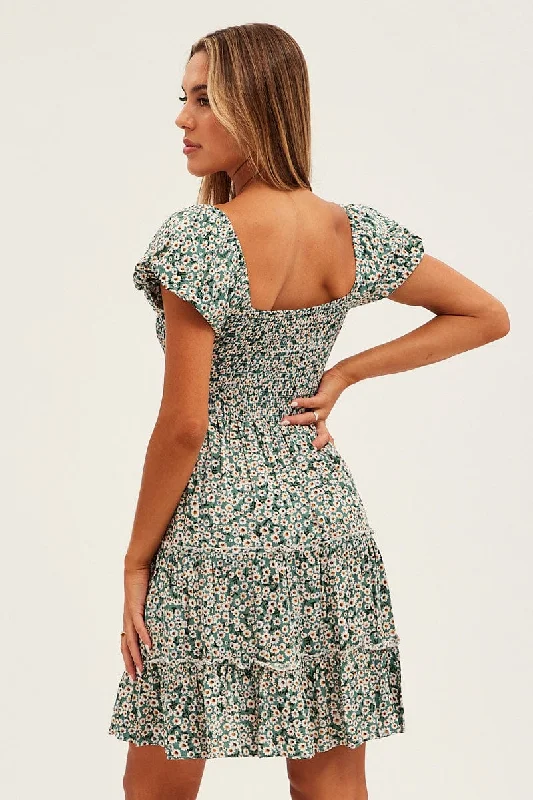 Green Floral Skater Dress