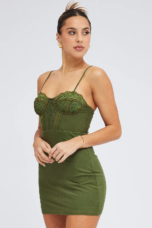 Green Mini Dress Corset Detail Mesh