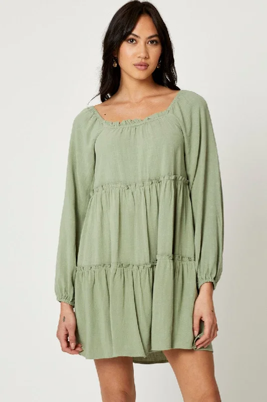 Green Mini Dress Long Sleeve Square Neck