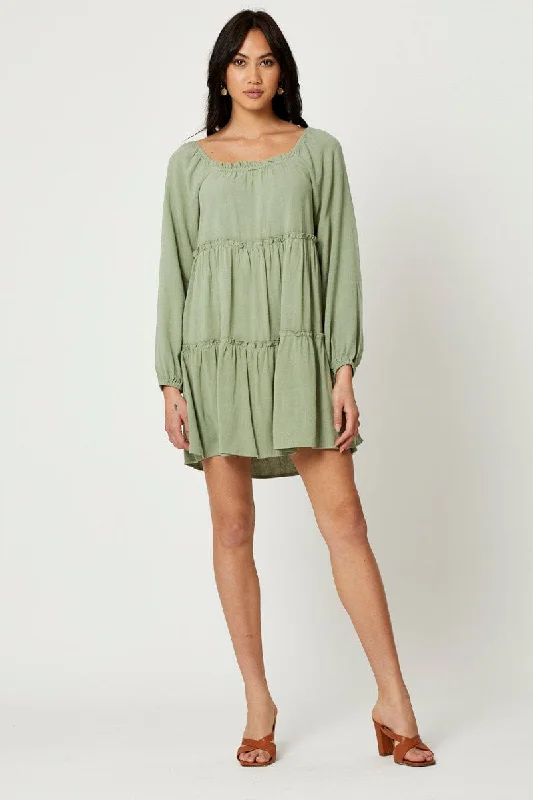 Green Mini Dress Long Sleeve Square Neck