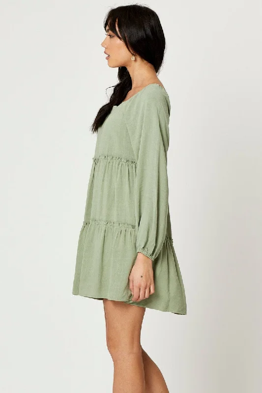 Green Mini Dress Long Sleeve Square Neck