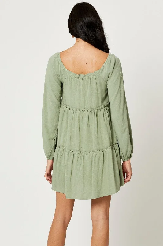 Green Mini Dress Long Sleeve Square Neck