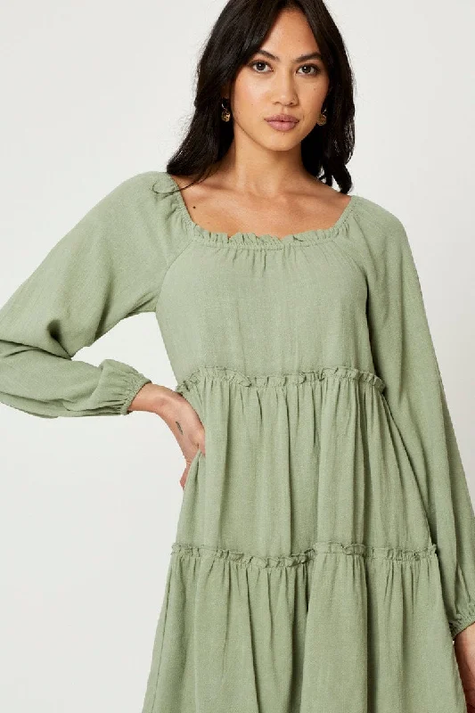 Green Mini Dress Long Sleeve Square Neck