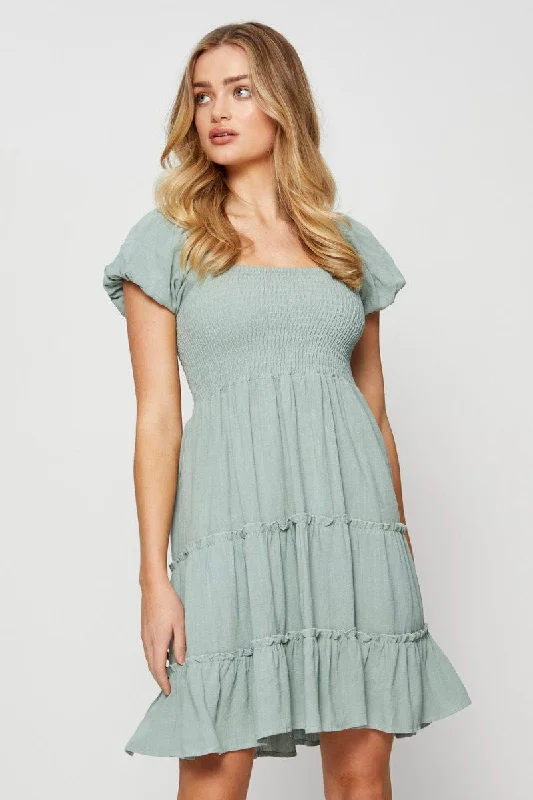 Green Mini Dress Puff Sleeve Skater