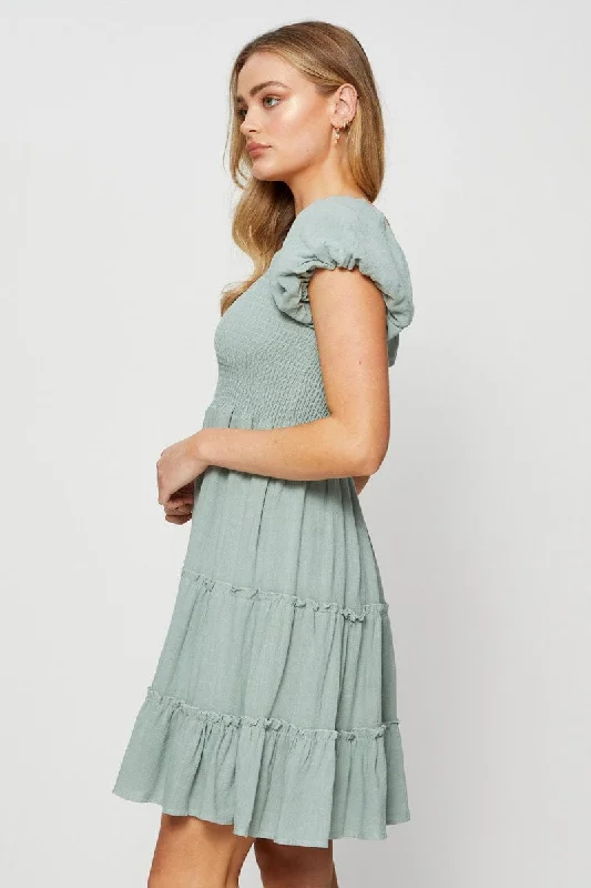 Green Mini Dress Puff Sleeve Skater