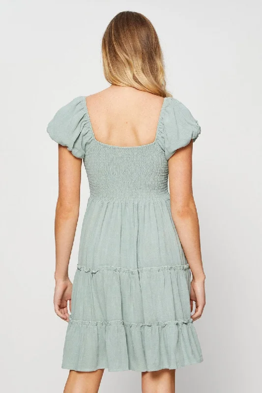 Green Mini Dress Puff Sleeve Skater