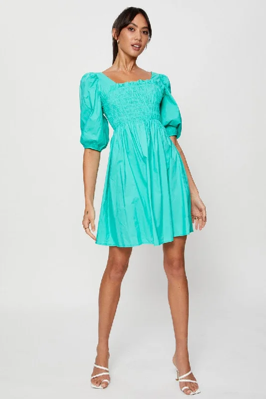 Green Mini Dress Short Sleeve Evening