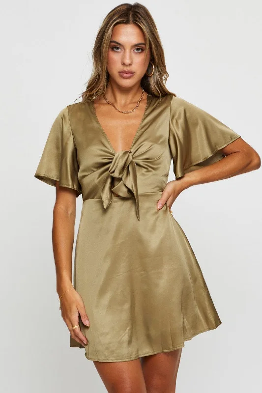 Green Mini Dress Short Sleeve Satin