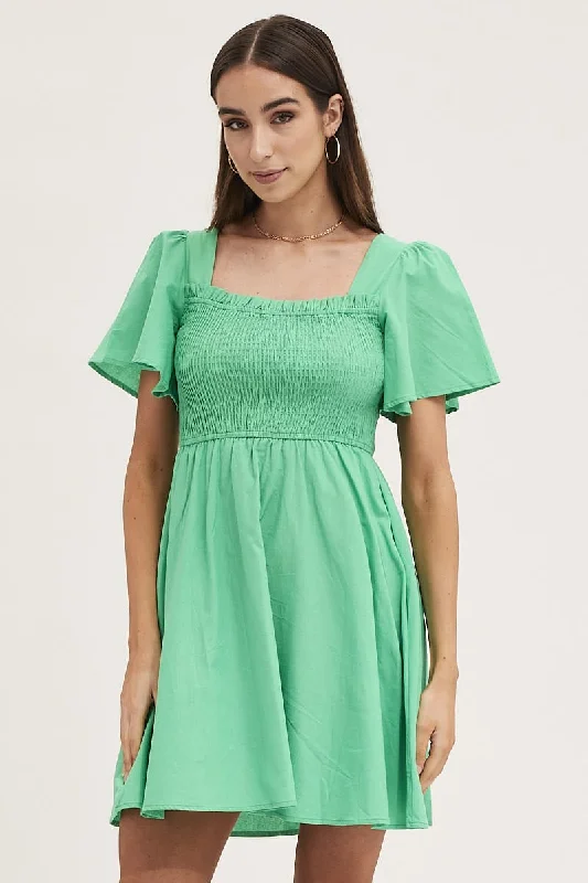 Green Mini Dress Square Neck