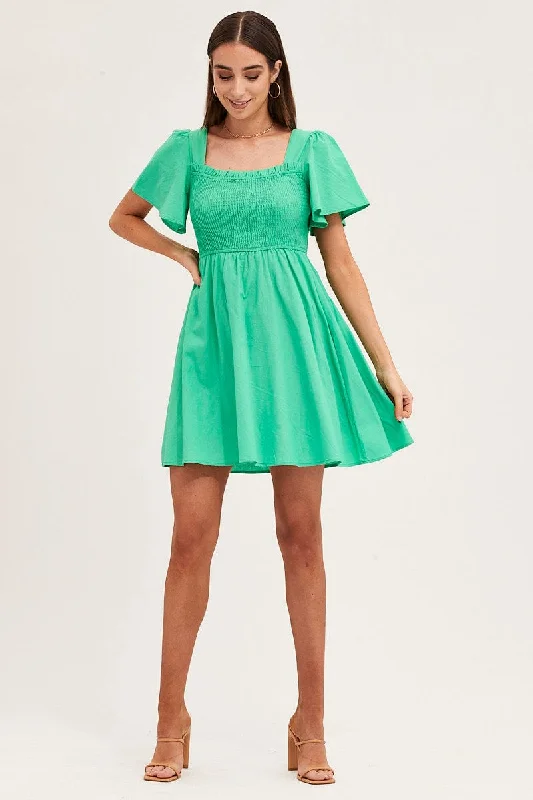 Green Mini Dress Square Neck