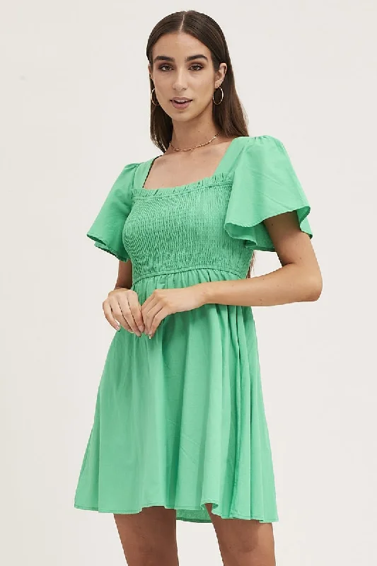 Green Mini Dress Square Neck