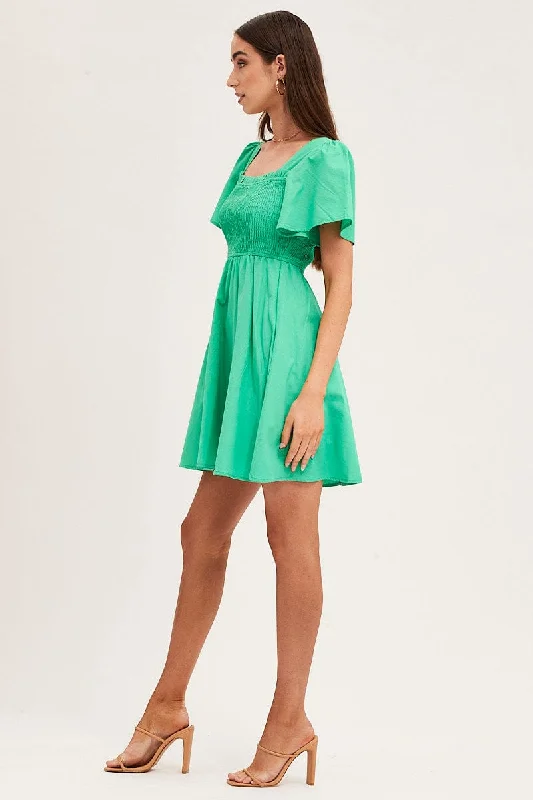 Green Mini Dress Square Neck