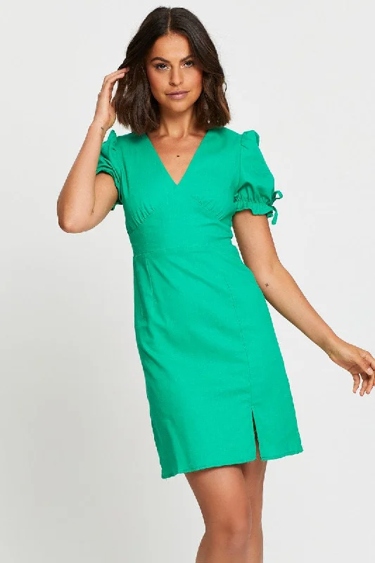 Green Mini Dress V Neck