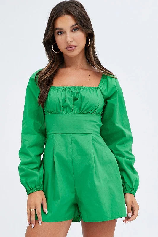 Green Poplin Playsuit Long Sleeve Tie Back