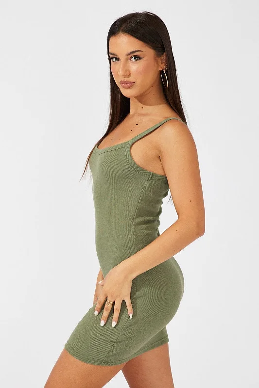 Green Rib Dress Sleeveless Scoop Neck Mini