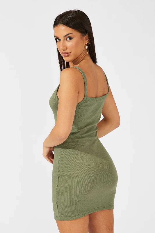 Green Rib Dress Sleeveless Scoop Neck Mini