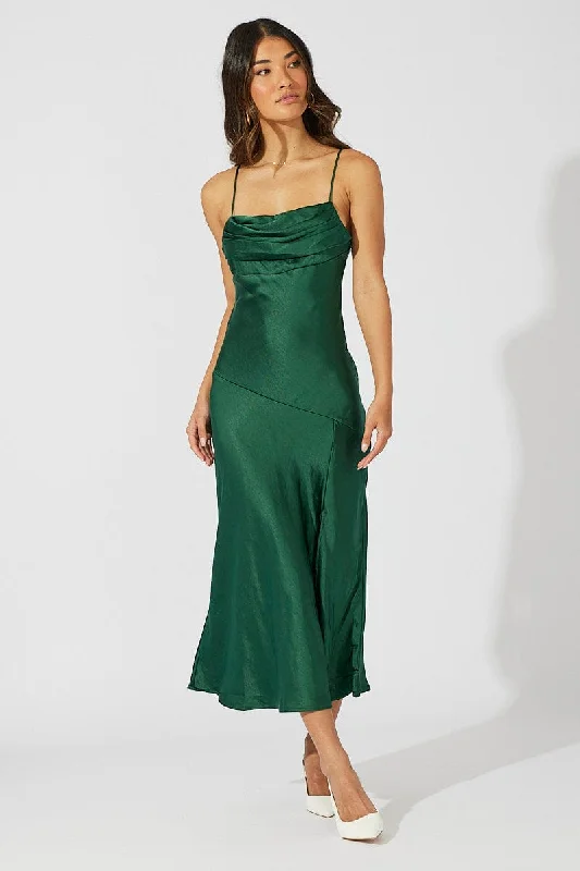 Green Satin Dress Cocktail Split Side Strappy