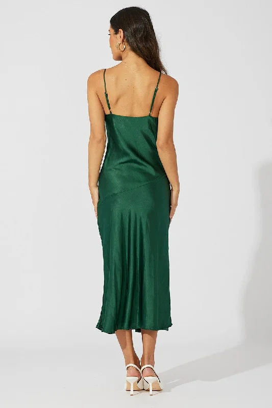 Green Satin Dress Cocktail Split Side Strappy