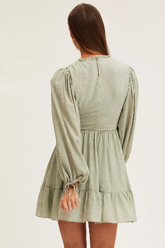 Green Shirred Dress Short Sleeve Mini