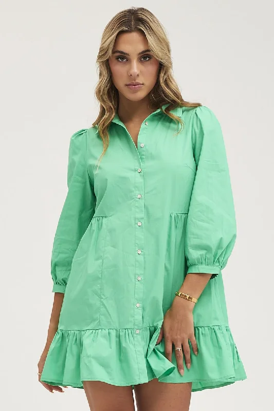 Green Shirt Dress Long Sleeve Mini High Neck