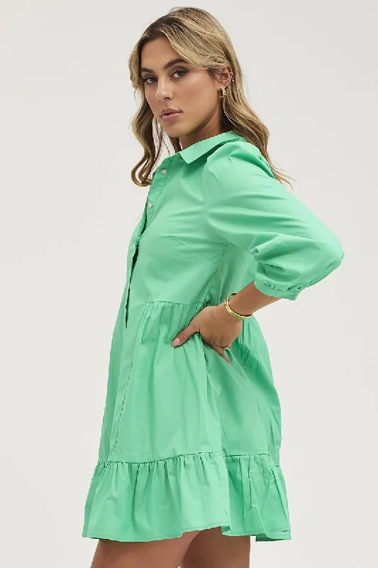 Green Shirt Dress Long Sleeve Mini High Neck