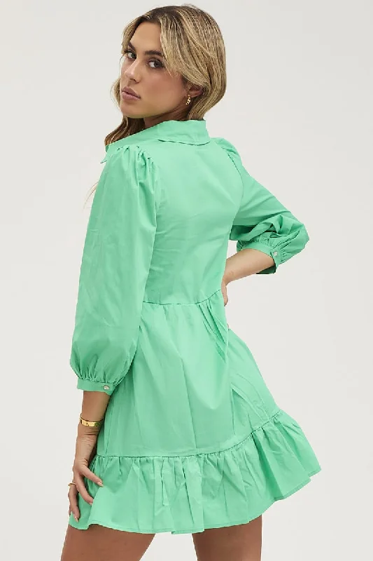 Green Shirt Dress Long Sleeve Mini High Neck