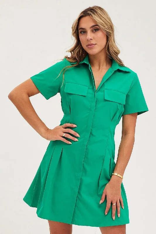 Green Shirt Dress Short Sleeve Mini