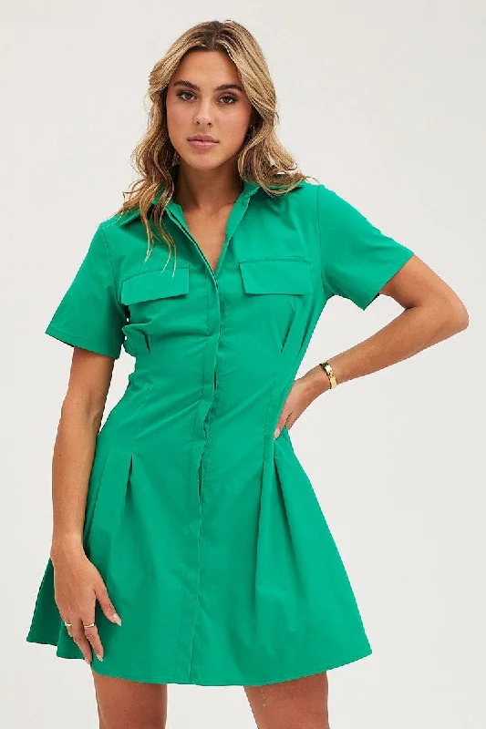 Green Shirt Dress Short Sleeve Mini