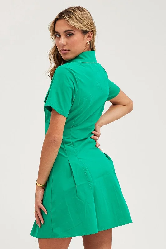 Green Shirt Dress Short Sleeve Mini