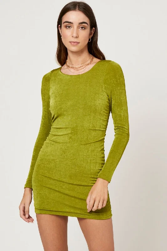 Green Strappy Tie Back Ruched Slinky Jersey Bodycon Dress