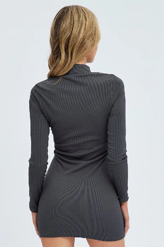 Grey Bodycon Dress Long Sleeve High Neck Rib