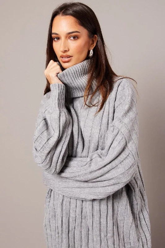 Grey Knit Dress Long Sleeve Jumper